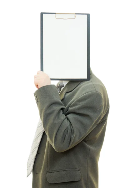 Uomo d'affari coperto il viso con una tavola bianca su uno sfondo bianco . — Foto Stock