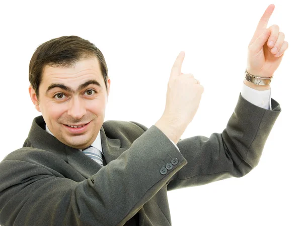 Un uomo d'affari di successo, punta il dito su uno sfondo bianco . — Foto Stock