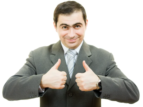 En framgångsrik affärsman gest visar okej på en vit bakgrund. — Stockfoto