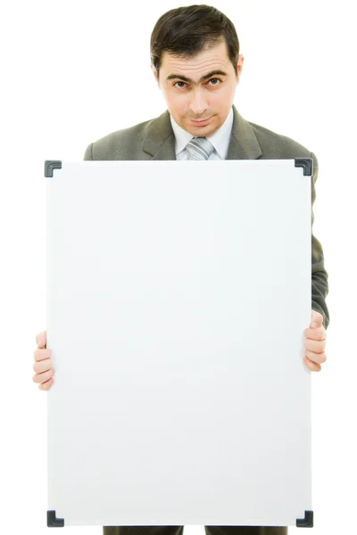 Un hombre de negocios con una pizarra blanca sobre un fondo blanco . —  Fotos de Stock