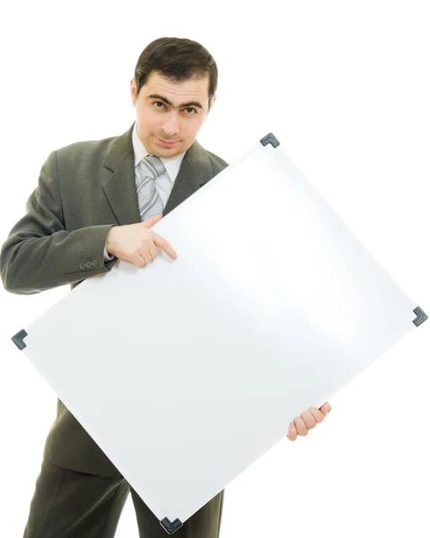 Ein Geschäftsmann mit weißem Brett auf weißem Hintergrund. — Stockfoto