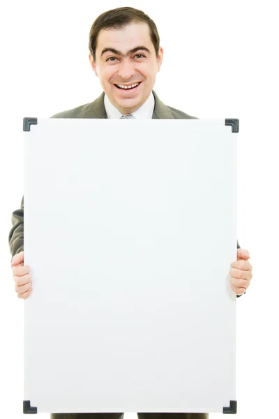 Ein Geschäftsmann mit weißem Brett auf weißem Hintergrund. — Stockfoto