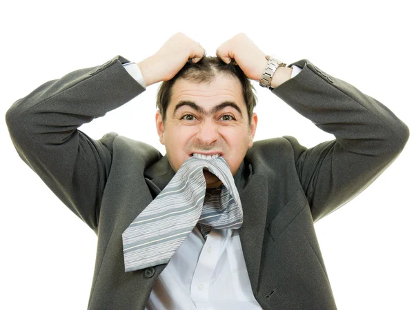 Empresario en apuros sobre fondo blanco . — Foto de Stock