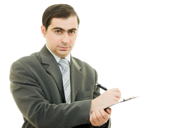 Бизнесмен пишет на планшетной ручке на белом фоне . — стоковое фото