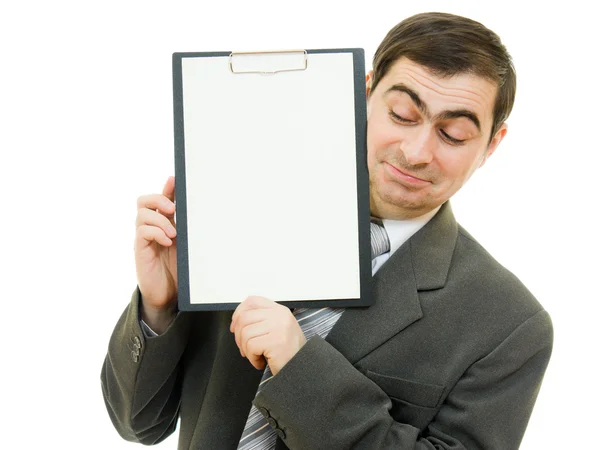 Бизнесмен с белым чистым листом бумаги на белом фоне . — стоковое фото