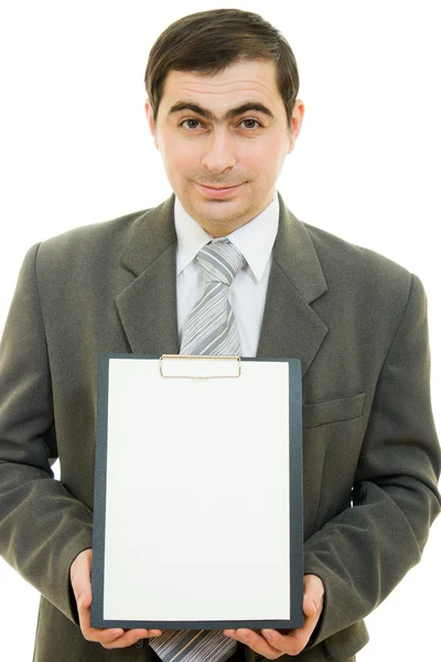Un uomo d'affari con un foglio bianco bianco su sfondo bianco . — Foto Stock