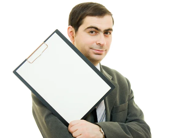 Een zakenman met een witte blanco vel papier op een witte achtergrond. — Stockfoto