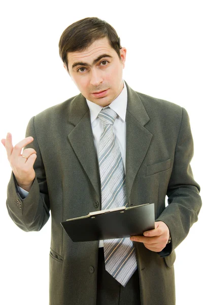 Geschäftsmann mit Stift in der Hand, spricht auf weißem Hintergrund. — Stockfoto