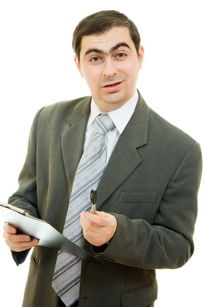 Empresário com caneta na mão, fala em um fundo branco . — Fotografia de Stock