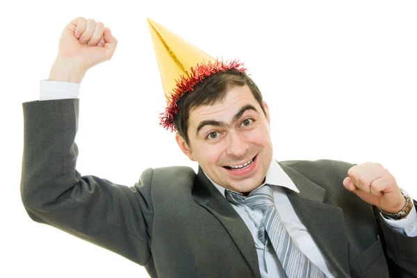 Šťastný podnikatel v klobouku na bílém pozadí. — Stock fotografie