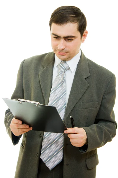 Бізнесмен з ручкою в руці, говорить на білому тлі . — стокове фото