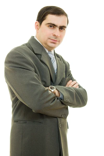 Porträt Geschäftsmann lächelt mit gefalteten Händen auf weißem Hintergrund — Stockfoto