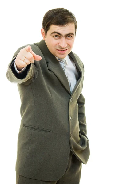 Uomo d'affari punta un dito su uno sfondo bianco . — Foto Stock