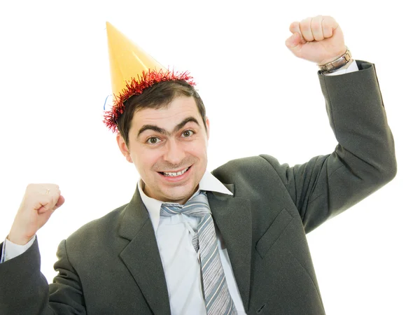 Šťastný podnikatel v klobouku na bílém pozadí. — Stock fotografie