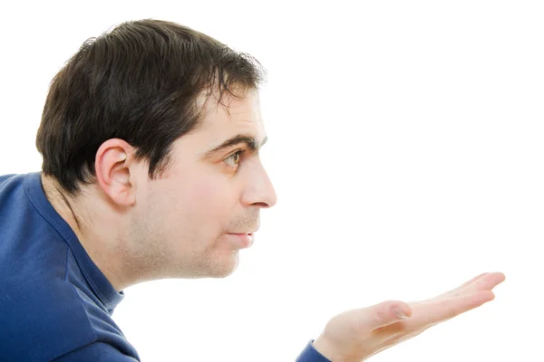 Muž posílá polibek vzduchu na bílém pozadí — Stock fotografie