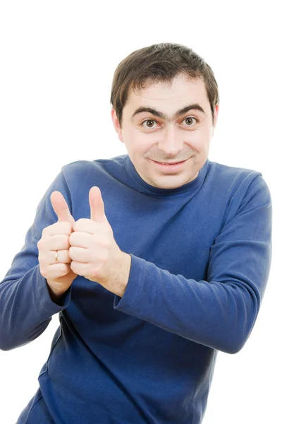 Een succesvolle man toont gebaar oke op een witte achtergrond. — Stockfoto