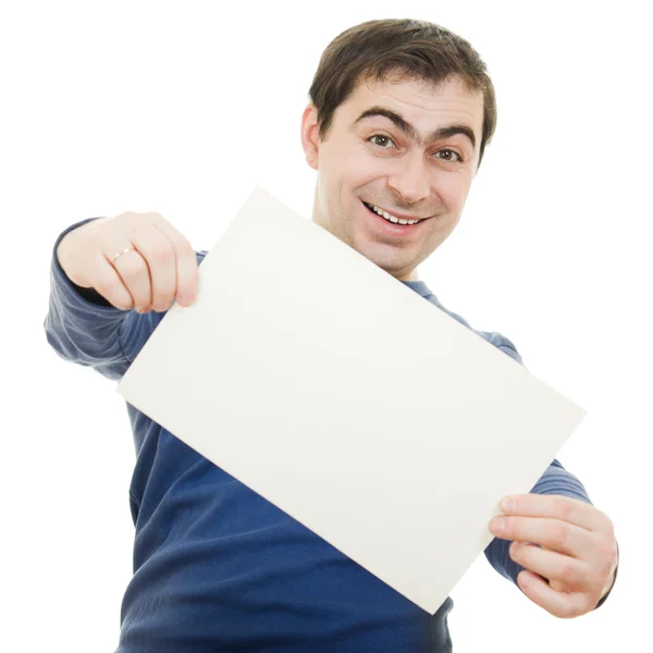 Smiling business man displaying blank card. — Stock Photo, Image