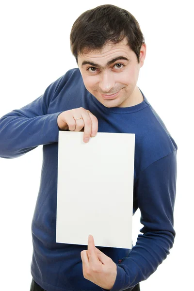 Homme d'affaires souriant affichant une carte blanche . — Photo