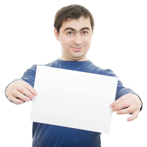 Homme d'affaires souriant affichant une carte blanche . — Photo