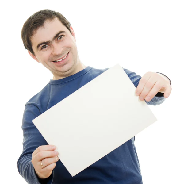 Homem de negócios sorrindo exibindo cartão em branco . — Fotografia de Stock