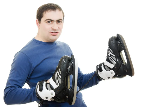 白い背景の上のスケートを持つ男 — ストック写真