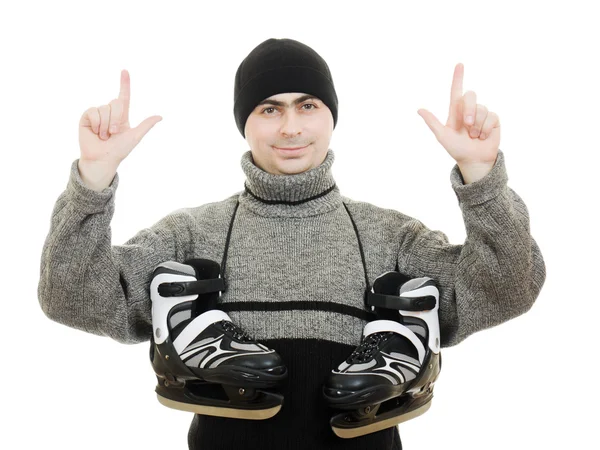 Männer mit Schlittschuhen zeigen mit dem Finger auf weißen Hintergrund. — Stockfoto