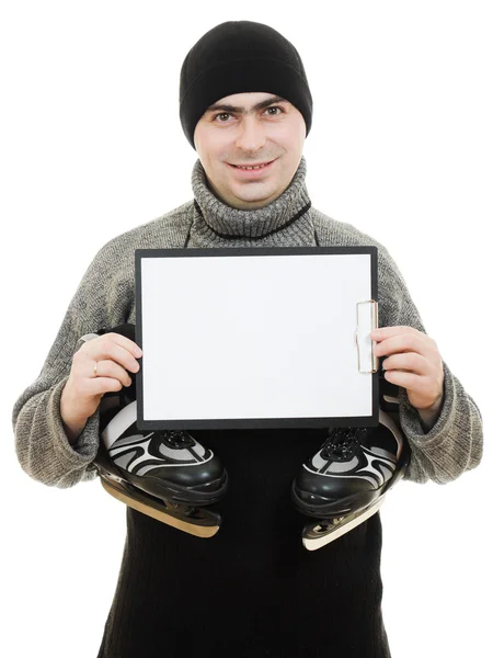 在白色背景上用一张空白纸的溜冰鞋的男人. — 图库照片