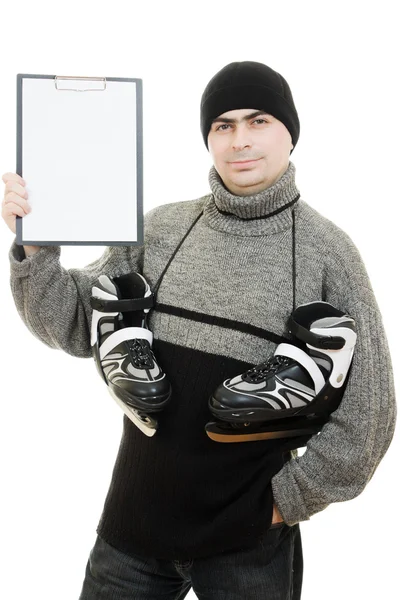 Männer mit Schlittschuhen mit einem leeren Blatt Papier auf weißem Hintergrund. — Stockfoto