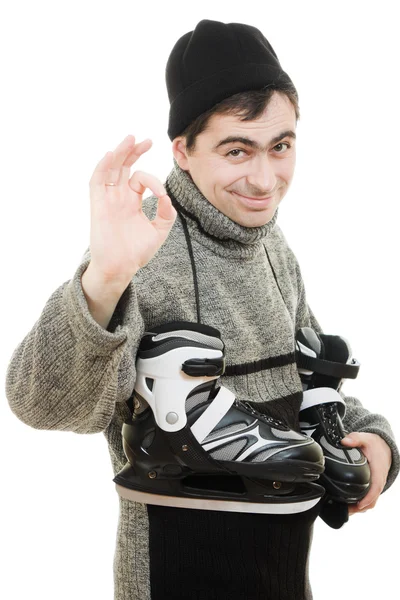Los hombres con el gesto de patines muestra bien sobre fondo blanco —  Fotos de Stock