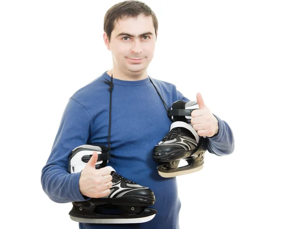 Homens com patins gesto mostra ok no fundo branco . — Fotografia de Stock