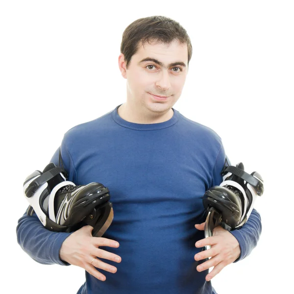 Männer mit Schlittschuhen auf weißem Hintergrund — Stockfoto