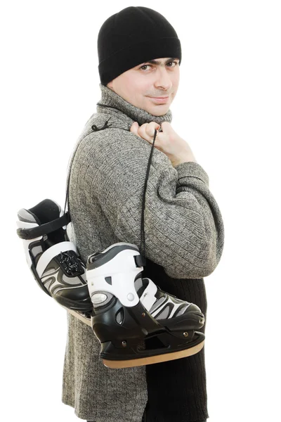 白い背景の上のスケートを持つ男 — ストック写真