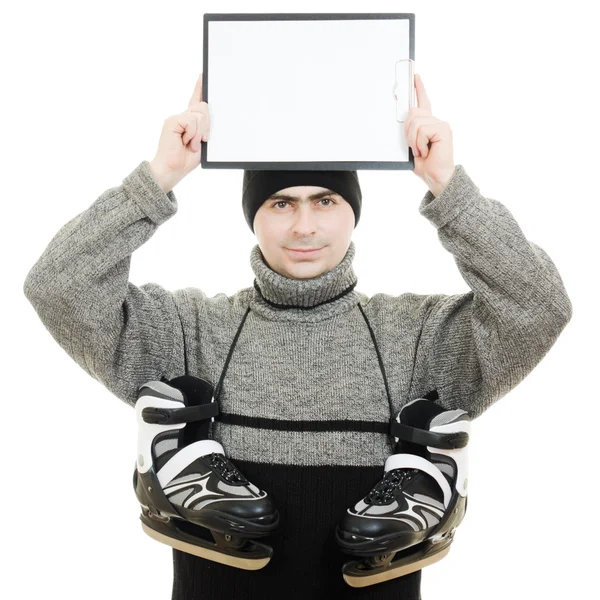 Men with skates with a blank sheet of paper on white background. — Stock Photo, Image