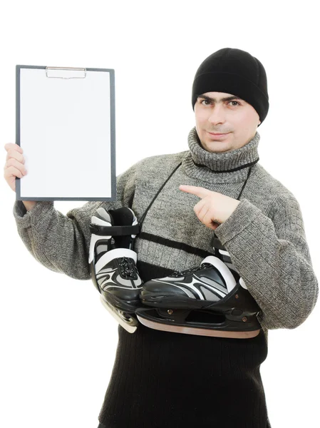 Men with skates with a blank sheet of paper on white background — Stock Photo, Image