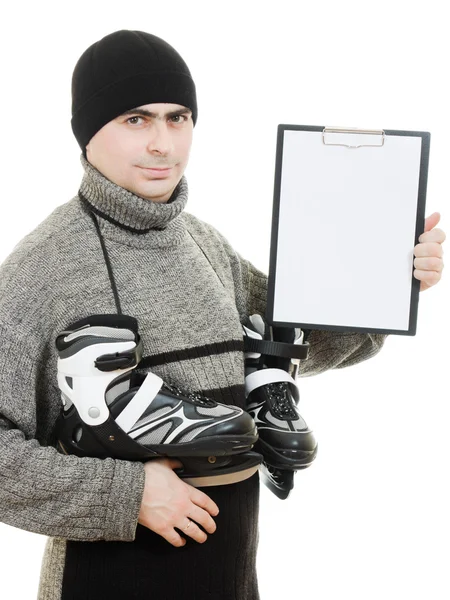 在白色背景上用一张空白纸的溜冰鞋的男人 — 图库照片