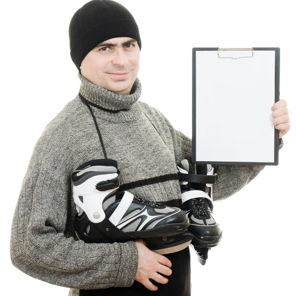 Männer mit Schlittschuhen mit einem leeren Blatt Papier auf weißem Hintergrund — Stockfoto