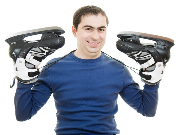 Männer mit Schlittschuhen auf weißem Hintergrund. — Stockfoto