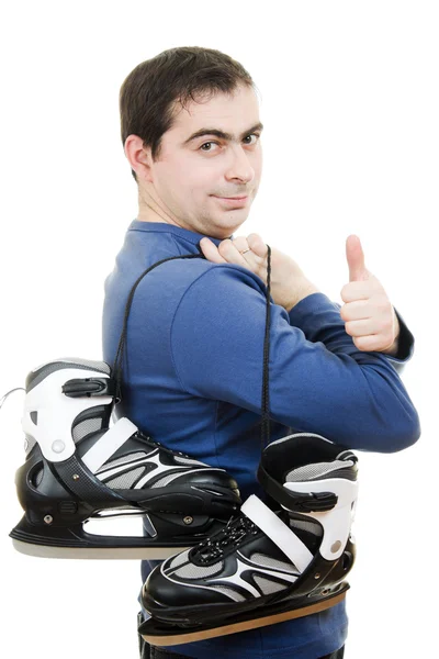Мужчины с жестами на коньках показывают хорошо на белом фоне — стоковое фото