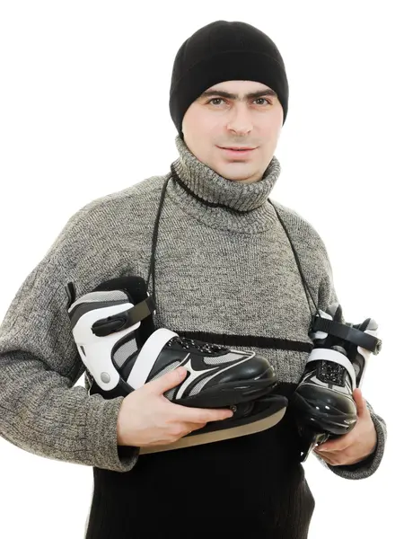 Mann mit Schlittschuhen auf weißem Hintergrund. — Stockfoto