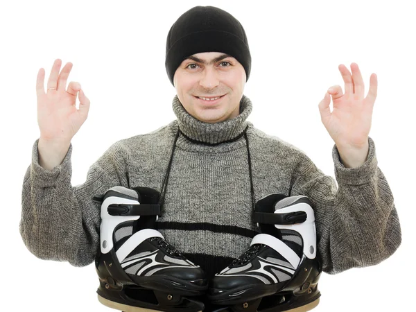 Los hombres con el gesto de patines muestra bien sobre fondo blanco . —  Fotos de Stock