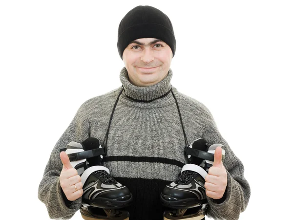 Los hombres con el gesto de patines muestra bien sobre fondo blanco . —  Fotos de Stock