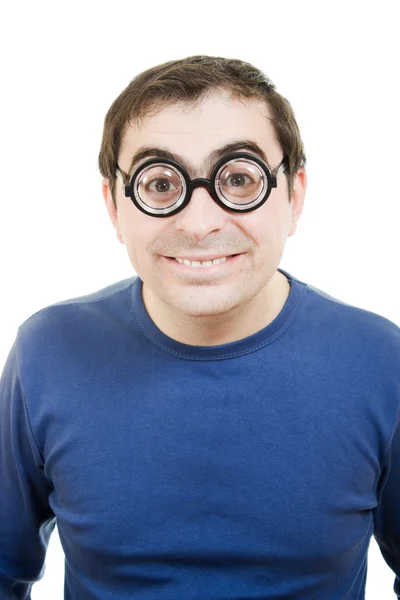 Lustiger Mann mit Brille auf weißem Hintergrund. Stockbild