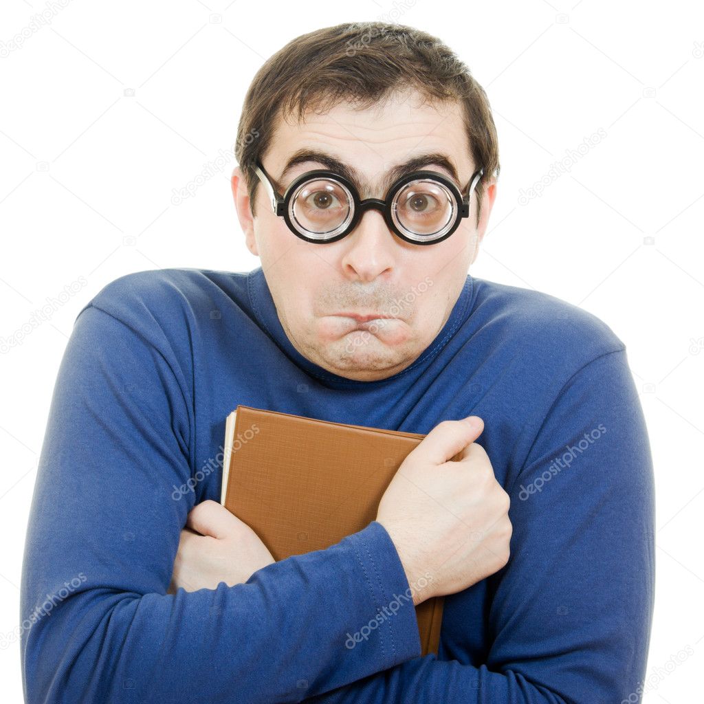 Student in glasses with a book over his head on white background