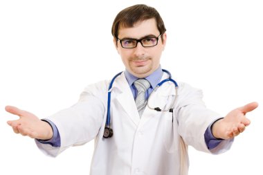 The doctor in glasses stretches joyfully hands forward on a white backgroun clipart