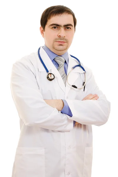 Um médico com um estetoscópio colocou suas mãos transversalmente sobre um fundo branco . — Fotografia de Stock