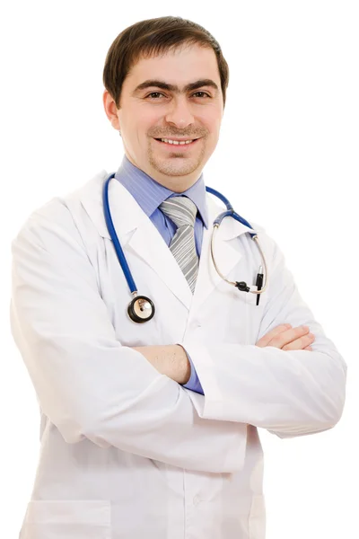 Um médico com um estetoscópio colocou suas mãos transversalmente sobre um fundo branco . — Fotografia de Stock