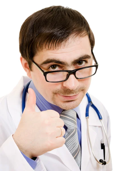 Un medico con uno stetoscopio e occhiali gesto mostra bene su uno sfondo bianco — Foto Stock