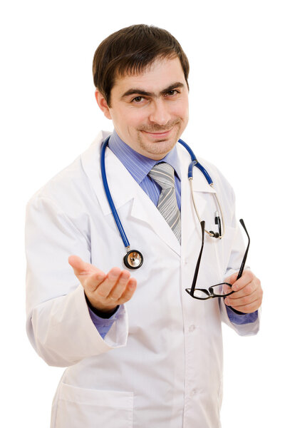A doctor with a stethoscope and glasses speaks on a white background.