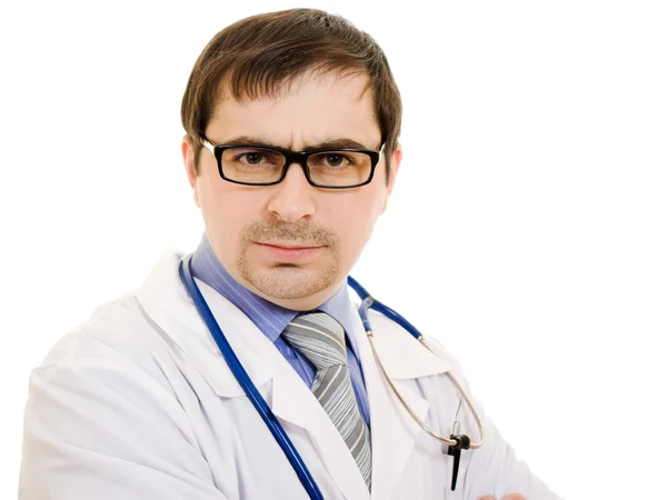 Súlyos orvos a sztetoszkóppal és szemüveg egy fehér háttér. — Stock Fotó