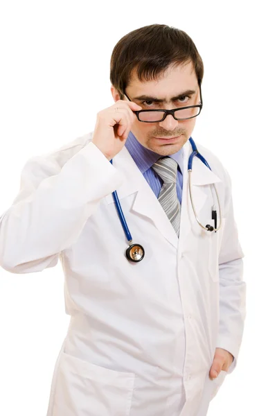 Poważne lekarz stetoskop i okulary na białym tle. — Zdjęcie stockowe
